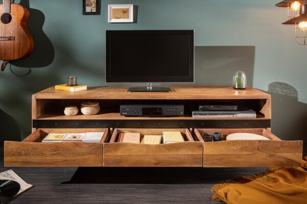 Designový TV stolek s třemi zásuvkami z masivu Mammut hnědý 160cm