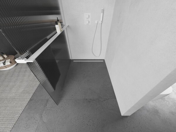 Mexen Kioto+, sprchová zástěna Walk-In s poličkou a věšákem 70 x 200 cm, 8mm sklo s žebrovým vzorem, bílý profil, 800-070-121-20-09