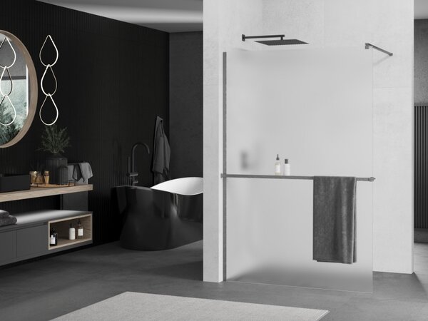 Mexen Kioto+, sprchová zástěna Walk-In s poličkou a věšákem 130 x 200 cm, 8mm sklo námraza, grafitový profil, 800-130-121-66-30