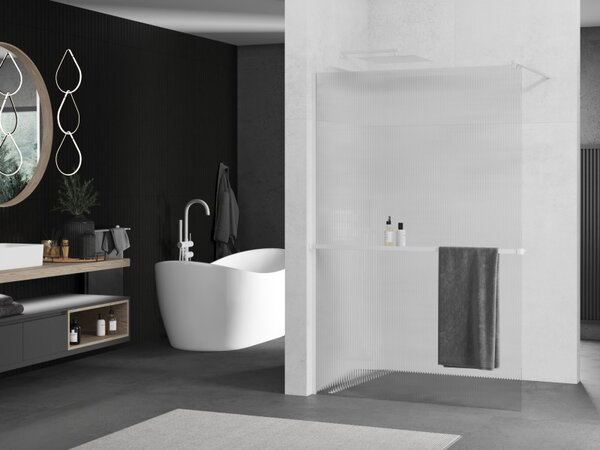 Mexen Kioto+, sprchová zástěna Walk-In s poličkou a věšákem 70 x 200 cm, 8mm sklo s žebrovým vzorem, bílý profil, 800-070-121-20-09