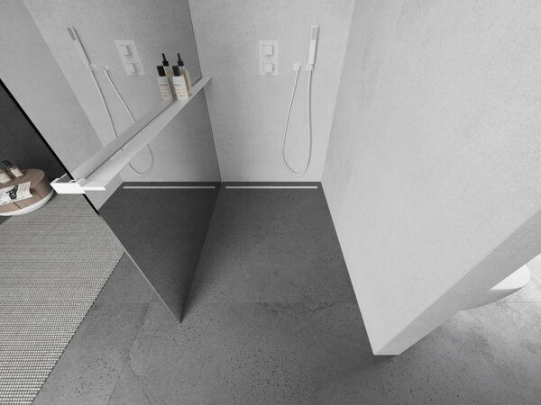 Mexen Kioto+, sprchová zástěna Walk-In s poličkou a věšákem 70 x 200 cm, 8mm sklo vzor zrcadlo, bílý profil, 800-070-121-20-50