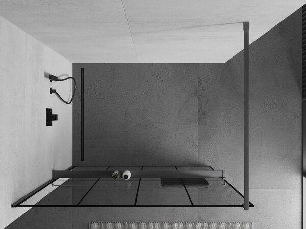 Mexen Kioto+, sprchová zástěna Walk-In s poličkou a věšákem 130 x 200 cm, 8mm čiré sklo černý vzor, ​​grafitový profil, 800-130-121-66-77