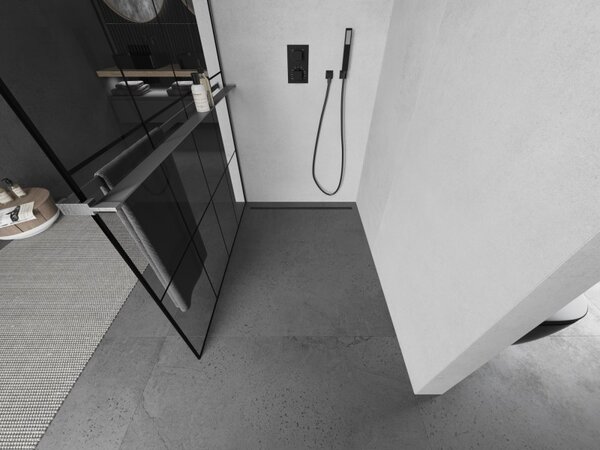 Mexen Kioto+, sprchová zástěna Walk-In s poličkou a věšákem 130 x 200 cm, 8mm čiré sklo černý vzor, ​​grafitový profil, 800-130-121-66-77