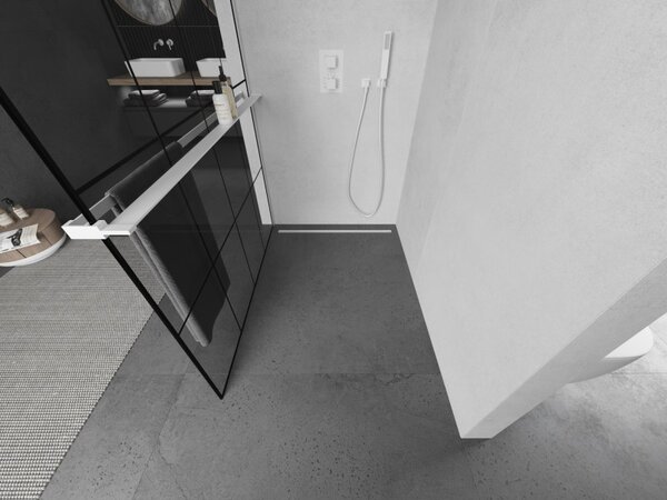 Mexen Kioto+, sprchová zástěna Walk-In s poličkou a věšákem 130 x 200 cm, 8mm čiré sklo černý vzor, ​​bílý profil, 800-130-121-20-77