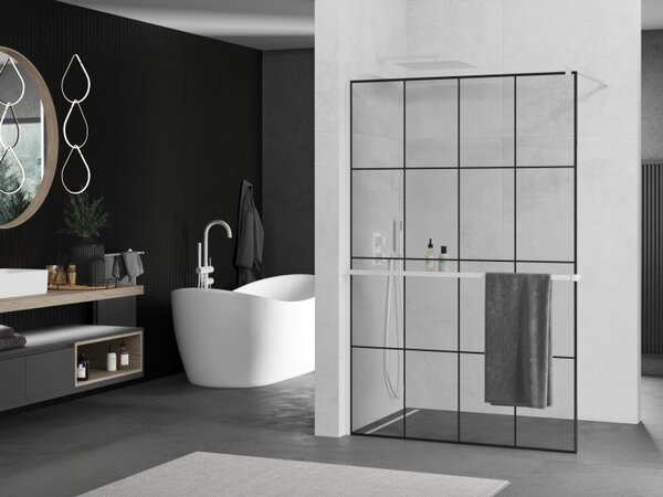 Mexen Kioto+, sprchová zástěna Walk-In s poličkou a věšákem 130 x 200 cm, 8mm čiré sklo černý vzor, ​​bílý profil, 800-130-121-20-77