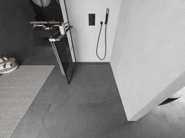 Mexen Kioto+, sprchová zástěna Walk-In s poličkou a věšákem 80 x 200 cm, 8mm čiré sklo černý vzor, ​​grafitový profil, 800-080-121-95-77