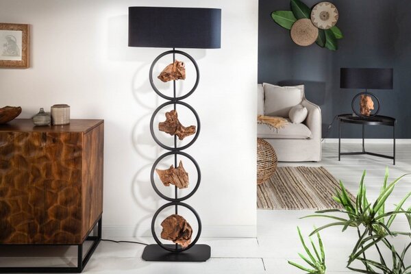Koloniální vysoká stojací lampa Elements s oválným stínidlem a dřevěnými prvky 147cm
