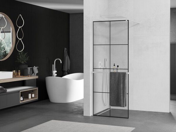 Mexen Kioto+, sprchová zástěna Walk-In s poličkou a věšákem 80 x 200 cm, 8mm čiré sklo černý vzor, ​​bílý profil, 800-080-121-20-77