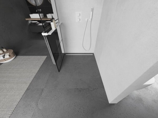 Mexen Kioto+, sprchová zástěna Walk-In s poličkou a věšákem 80 x 200 cm, 8mm čiré sklo černý vzor, ​​bílý profil, 800-080-121-20-77