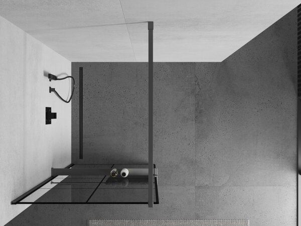 Mexen Kioto+, sprchová zástěna Walk-In s poličkou a věšákem 80 x 200 cm, 8mm čiré sklo černý vzor, ​​grafitový profil, 800-080-121-95-77