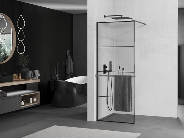 Mexen Kioto+, sprchová zástěna Walk-In s poličkou a věšákem 80 x 200 cm, 8mm čiré sklo černý vzor, ​​grafitový profil, 800-080-121-95-77