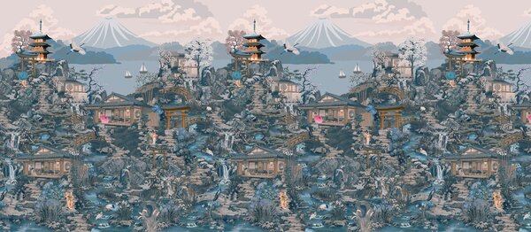 Fototapeta Krajina s budovami a horou, Fototapety s japonskou zahradou, Populární fototapety - Tapeko.co.cz