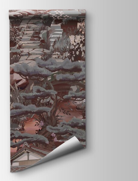 Fototapeta Krajina s budovami a horami, Fototapety s japonskou zahradou, Populární fototapety - Tapeko.co.cz