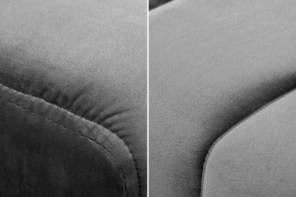 Moderní industriální lavice Taxil s černou kovovou konstrukcí a šedým sametovým prošívaným potahem 110 cm