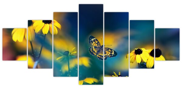 Obraz - Žlutý motýl s květy (210x100 cm)