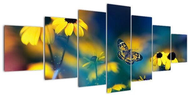 Obraz - Žlutý motýl s květy (210x100 cm)