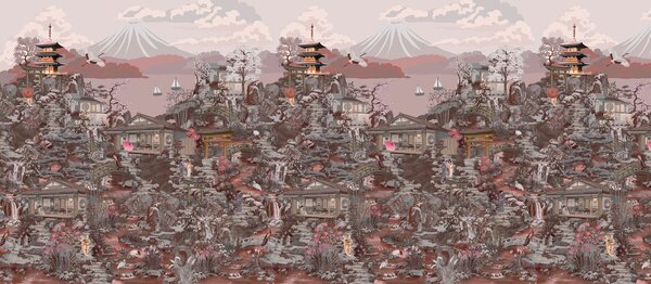 Fototapeta Krajina s budovami a horami, Fototapety s japonskou zahradou, Populární fototapety - Tapeko.co.cz