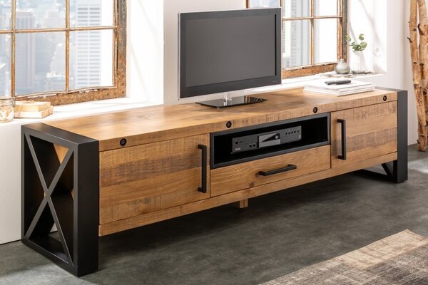 Industriální designový TV stolek Adin z masivu a kovu se zásuvkou a dvířky 200cm