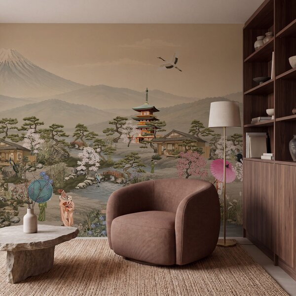 Fototapeta Krajina s horou a vesnicí, Fototapety s japonskou zahradou, Populární fototapety - Tapeko.co.cz