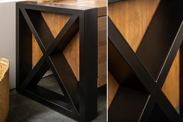 Industriální designový TV stolek Adin z masivu a kovu se zásuvkou a dvířky 200cm