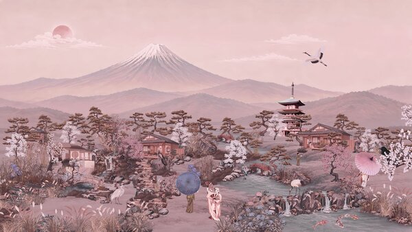Fototapeta Obraz krajiny s horou a stromy, Fototapety s japonskou zahradou, Populární fototapety - Tapeko.co.cz