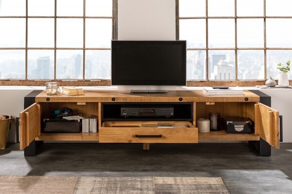 Industriální designový TV stolek Adin z masivu a kovu se zásuvkou a dvířky 200cm