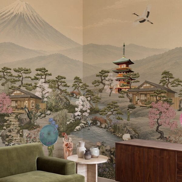 Fototapeta Krajina s horou a vesnicí, Fototapety s japonskou zahradou, Populární fototapety - Tapeko.co.cz
