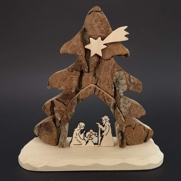 AMADEA Dřevěný betlém s kůrou, masivní dřevo, 14x14x3 cm