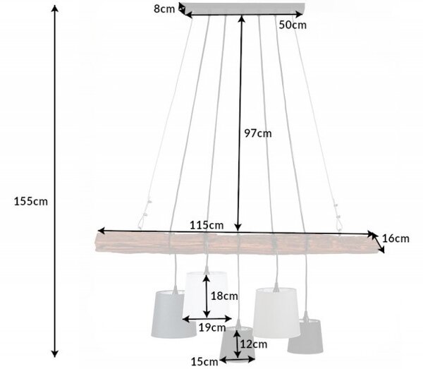 Industriální závěsná lampa Elegans ze dřeva s pěti stínítky 115cm
