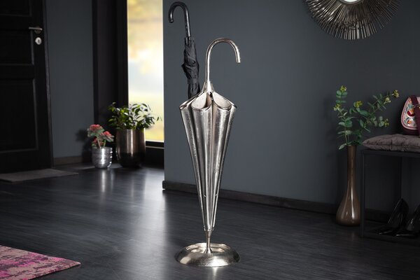 Art-deco designový kovový stojan na deštníky Rociada stříbrné barvy ve tvaru deštníku 91cm