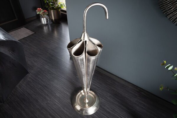 Art-deco designový kovový stojan na deštníky Rociada stříbrné barvy ve tvaru deštníku 91cm