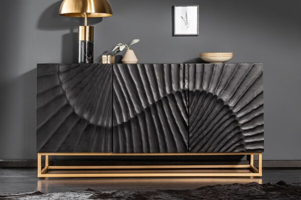 Art-deco luxusní příborník Cumbria v černém provedení z masivního mangového dřeva a zlatými nožičkami 140cm