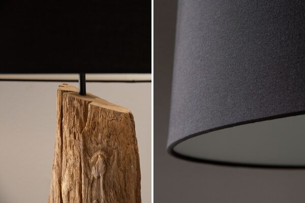 Etno stojící lampa Adelise s dřevěnou podstavou a černým stínítkem 177cm