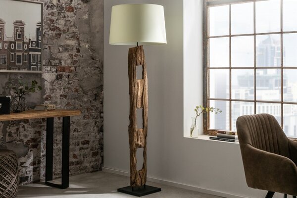 Moderní designová stojací lampa Adelise v etno stylu s dřevěnou podstavou as bílým stínítkem 177cm