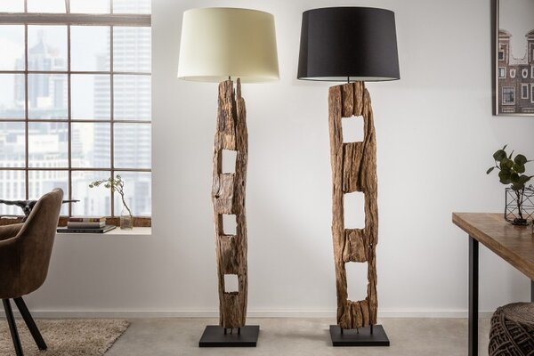 Etno stojící lampa Adelise s dřevěnou podstavou a černým stínítkem 177cm