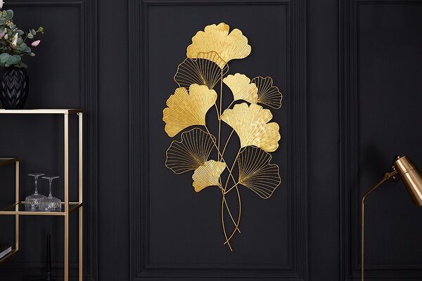 Moderní florální nástěnná kovová dekorace Biloba I zlaté barvy 110cm