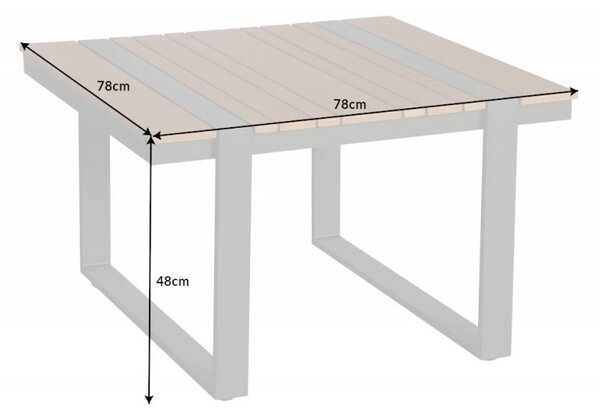 Industriální designový zahradní stolek Acostado čtvercového tvaru ze dřeva hnědé barvy s šedými kovovými nohami 80cm