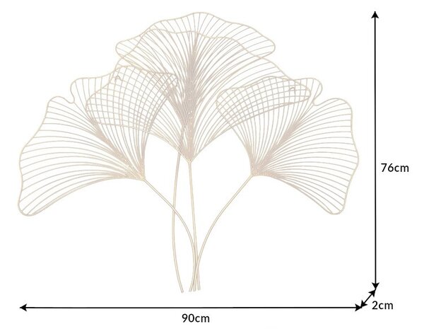 Moderní florální nástěnná kovová dekorace Biloba III zlaté barvy 90cm