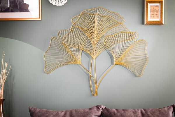 Moderní florální nástěnná kovová dekorace Biloba III zlaté barvy 90cm