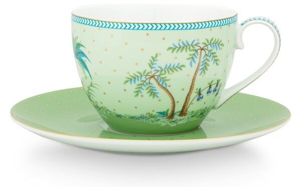 Pip Studio Jolie Gold dots green cappuccino šálek s podšálkem, zelený (Cappuccino šálek s podšálkem)