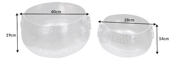 Orientální designový set nízkých stříbrných květináčů Cobre ze slitiny kovu s kulatými rukojeťmi 40cm