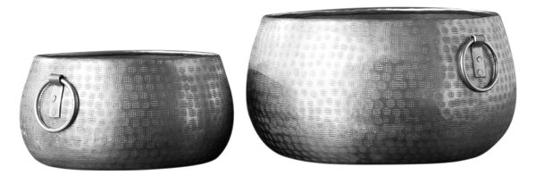Orientální designový set nízkých stříbrných květináčů Cobre ze slitiny kovu s kulatými rukojeťmi 40cm