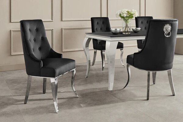 Designová glamour jídelní židle Modern Barock s chromovýma nohama a černým sametovým potahem s klepadlem 100 cm