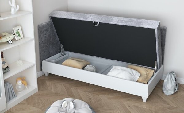 Čalouněná postel s úložným prostorem 90x200 METRA 1 - tmavě šedá / bílá eko kůže, pravé provedení