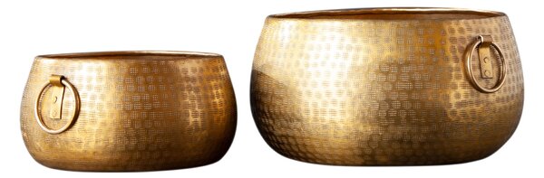Orientální designový set nízkých zlatých květináčů Cobre ze slitiny kovu s kulatými rukojeťmi 37m
