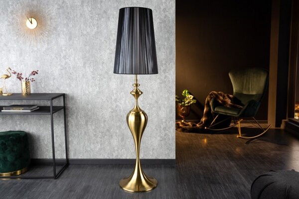 Moderní designová stojací lampa Lucie ve zlatém provedení z kovu s černým stínítkem 160cm
