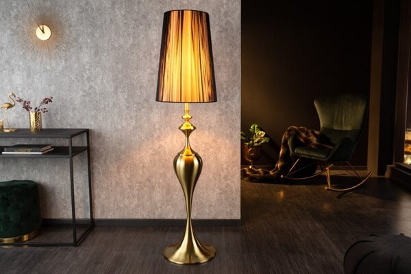 Moderní designová stojací lampa Lucie ve zlatém provedení z kovu s černým stínítkem 160cm