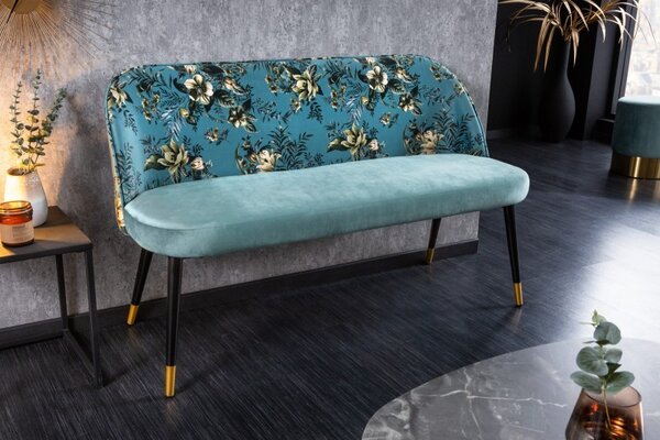Moderní art-deco lavice Floreque do předsíně s tyrkysovým sametovým čalouněním s florálním motivem 130cm