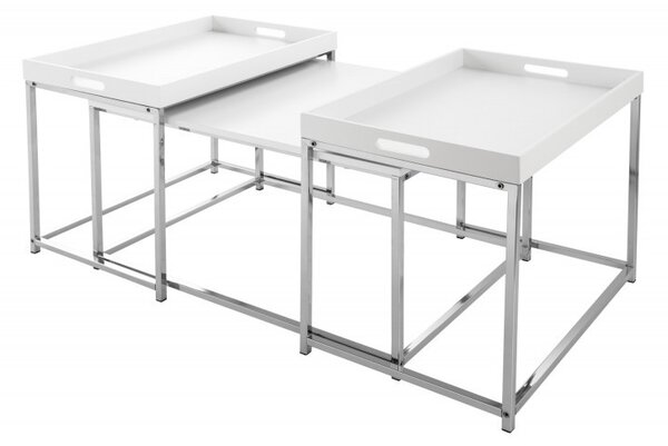 Sada tří moderních chromových konferenčních stolků Blancheta s bílými odnímatelnými podnosy 75cm