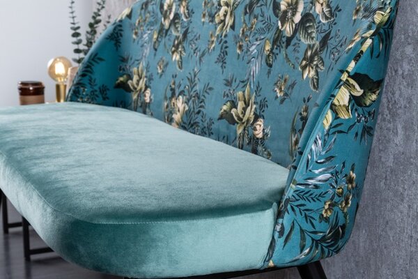 Moderní art-deco lavice Floreque do předsíně s tyrkysovým sametovým čalouněním s florálním motivem 130cm